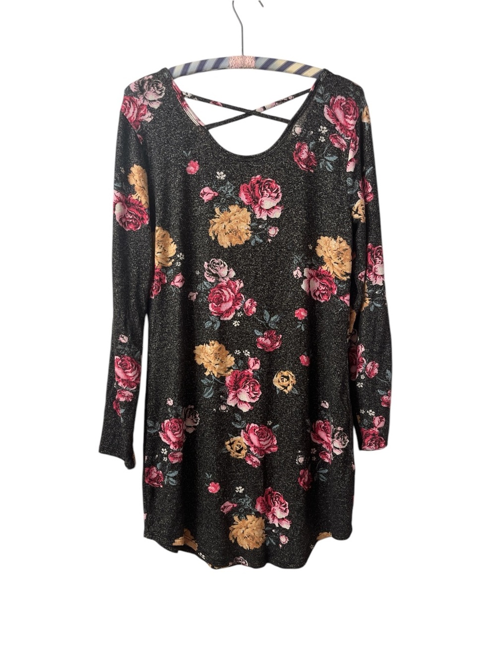 No Boundaries Black Floral Long Sleeve Swing Dress with Crisscross Back